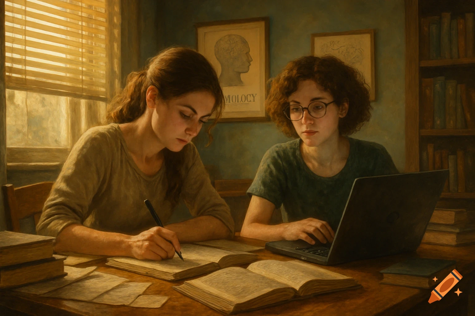 Two girls studying at a wooden desk with books and a laptop, in an oil painting style.