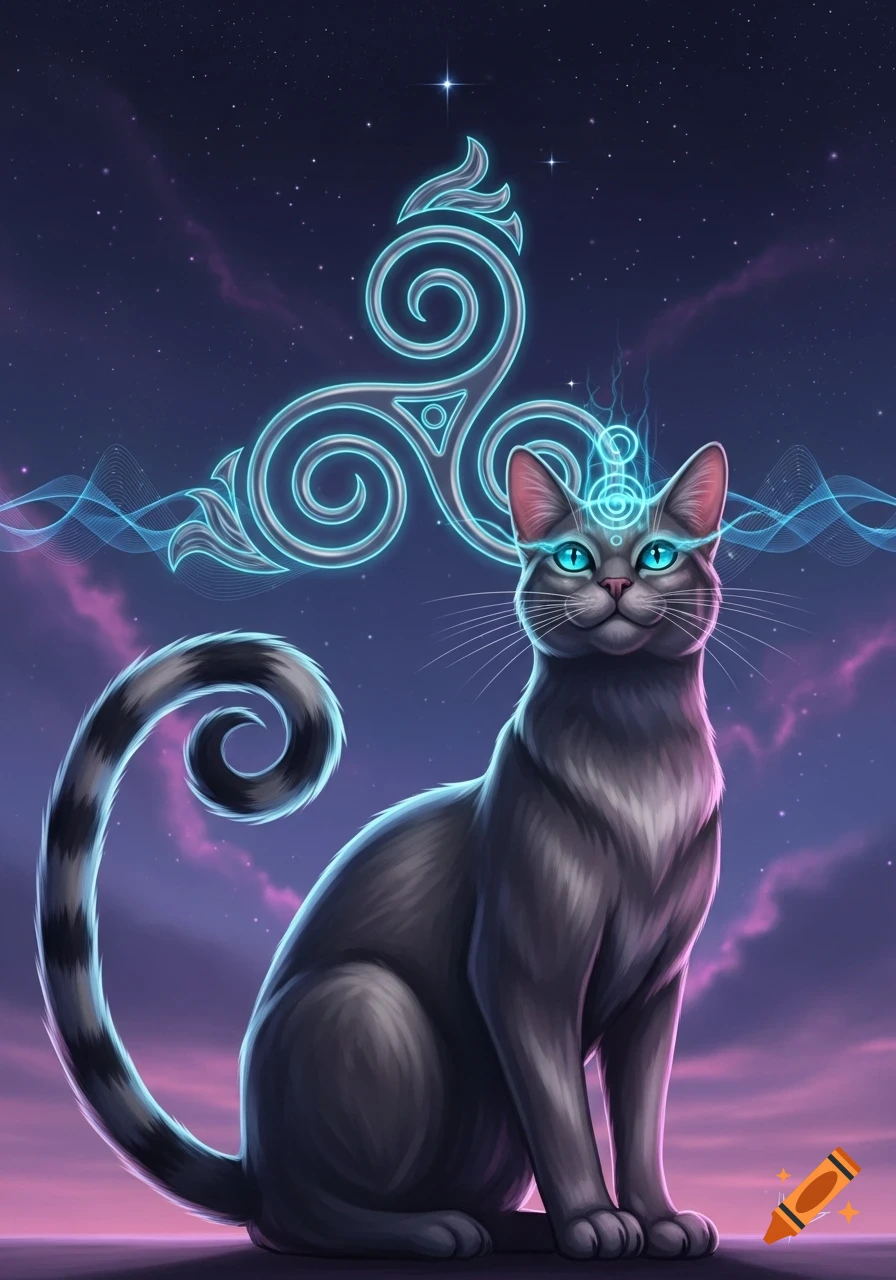 A gray cat with glowing blue eyes and a mystical blue triskelion symbol above its head against a starry purple cosmic background.