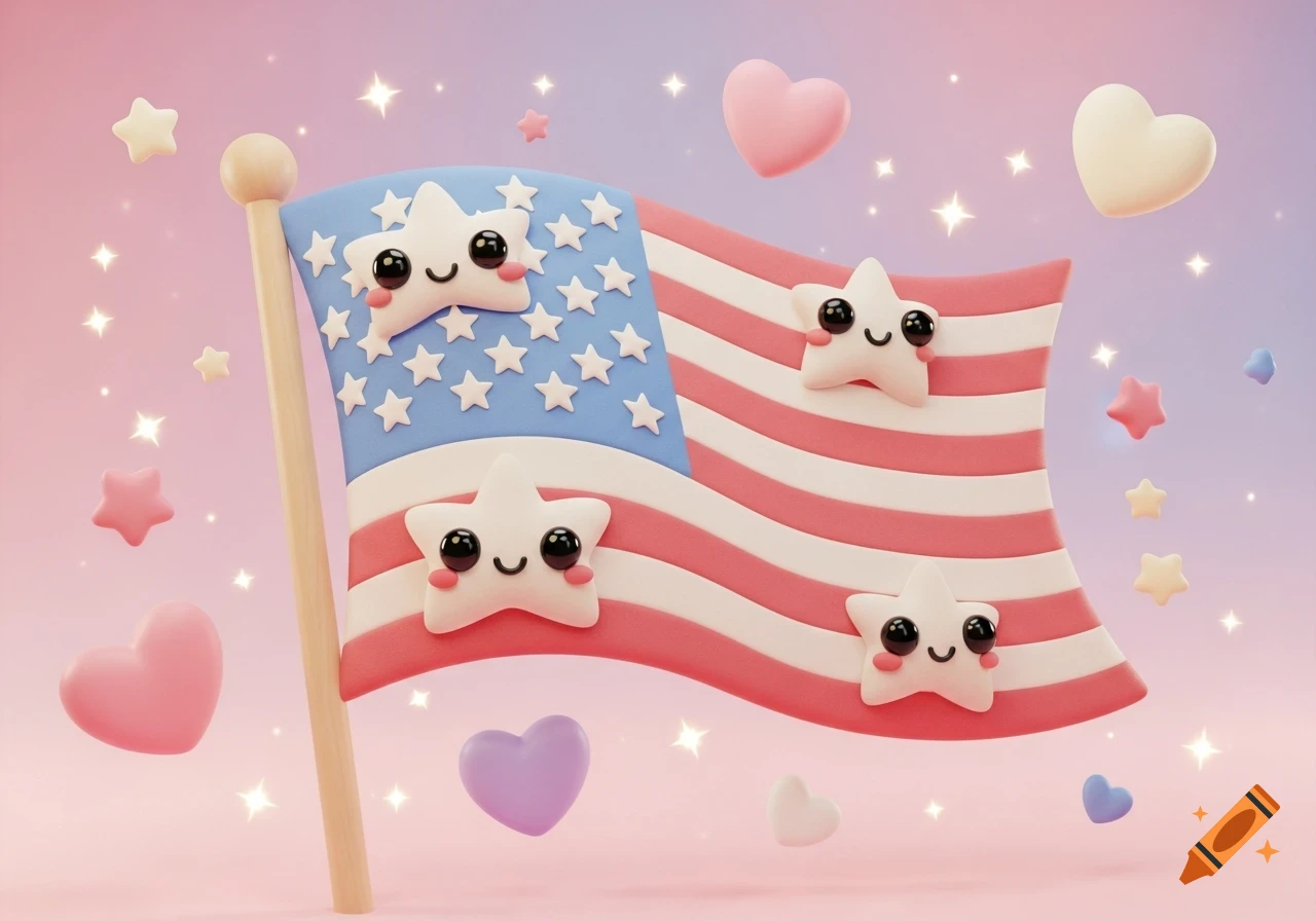 A cute 3D kawaii American flag with smiling star faces, surrounded by floating hearts and sparkling stars on a pastel background.