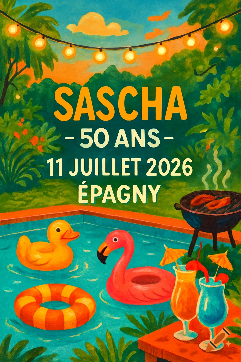 Vibrant illustration for a 50th birthday summer pool party invitation, featuring floats, cocktails, BBQ, and text: 'Sascha - 50 ans - 11 juillet 2026 - Epagny'.