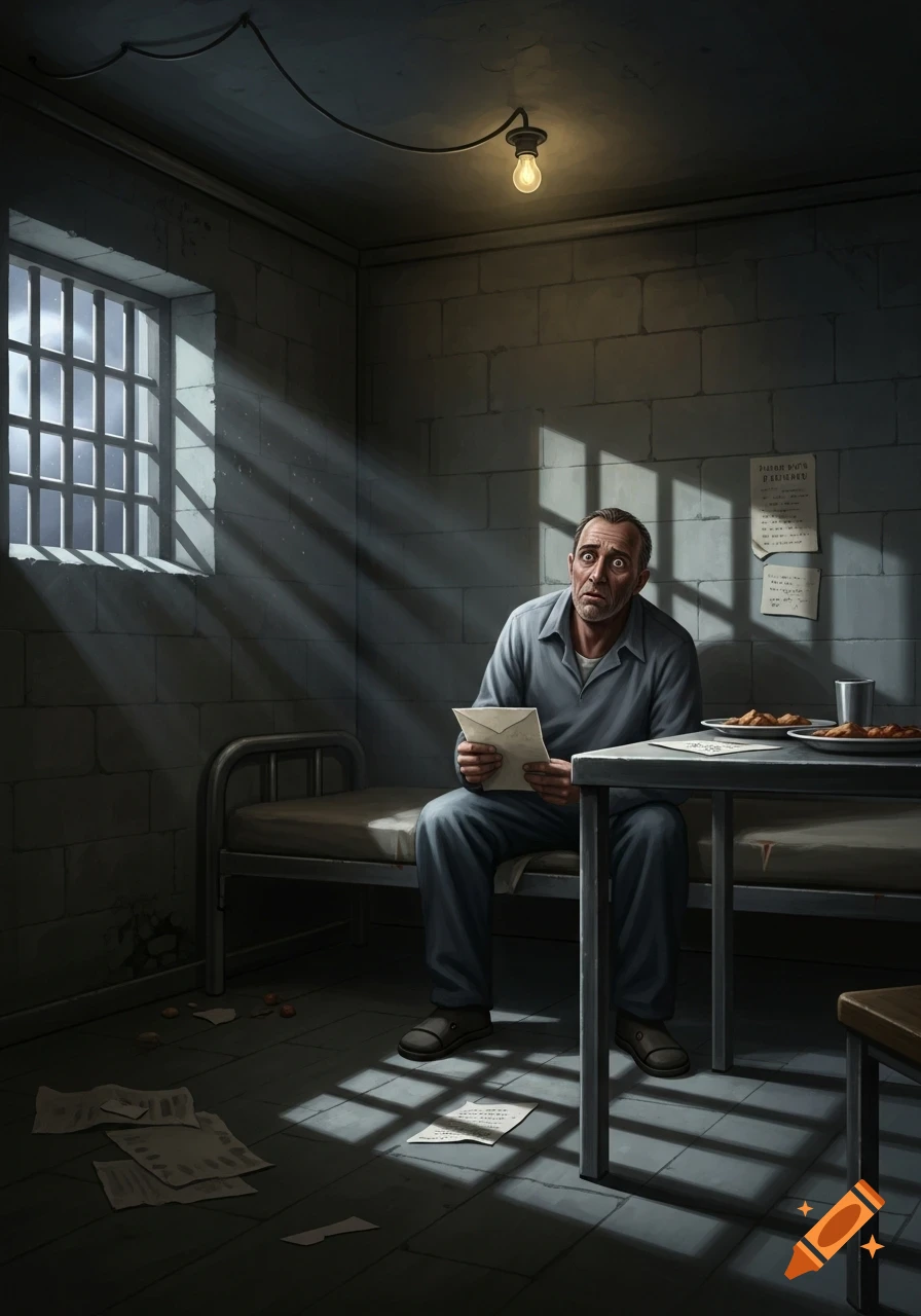 Distraught man in a realistic prison cell holding a letter, bathed in light from a barred window.