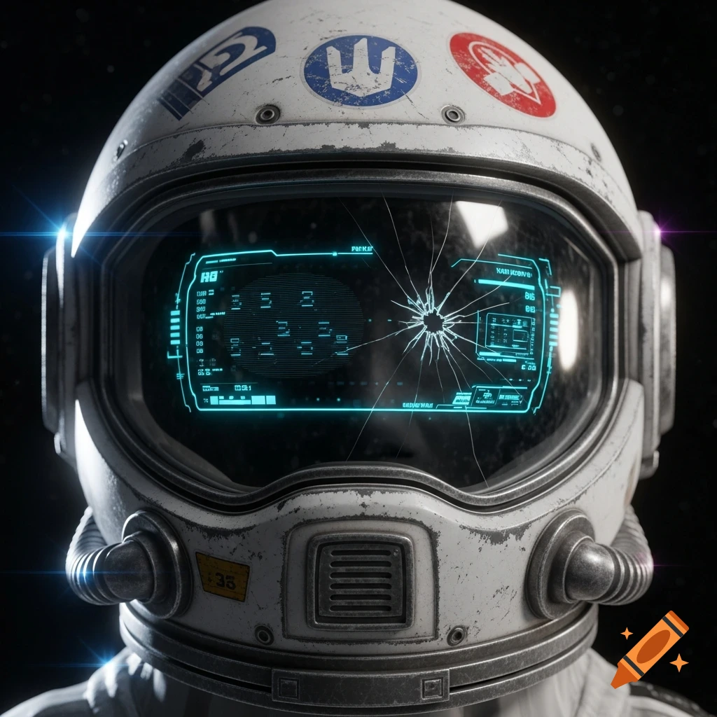 Close-up of an old, battered white space helmet with glowing blue HUD data on a cracked visor, against a dark starry background.
