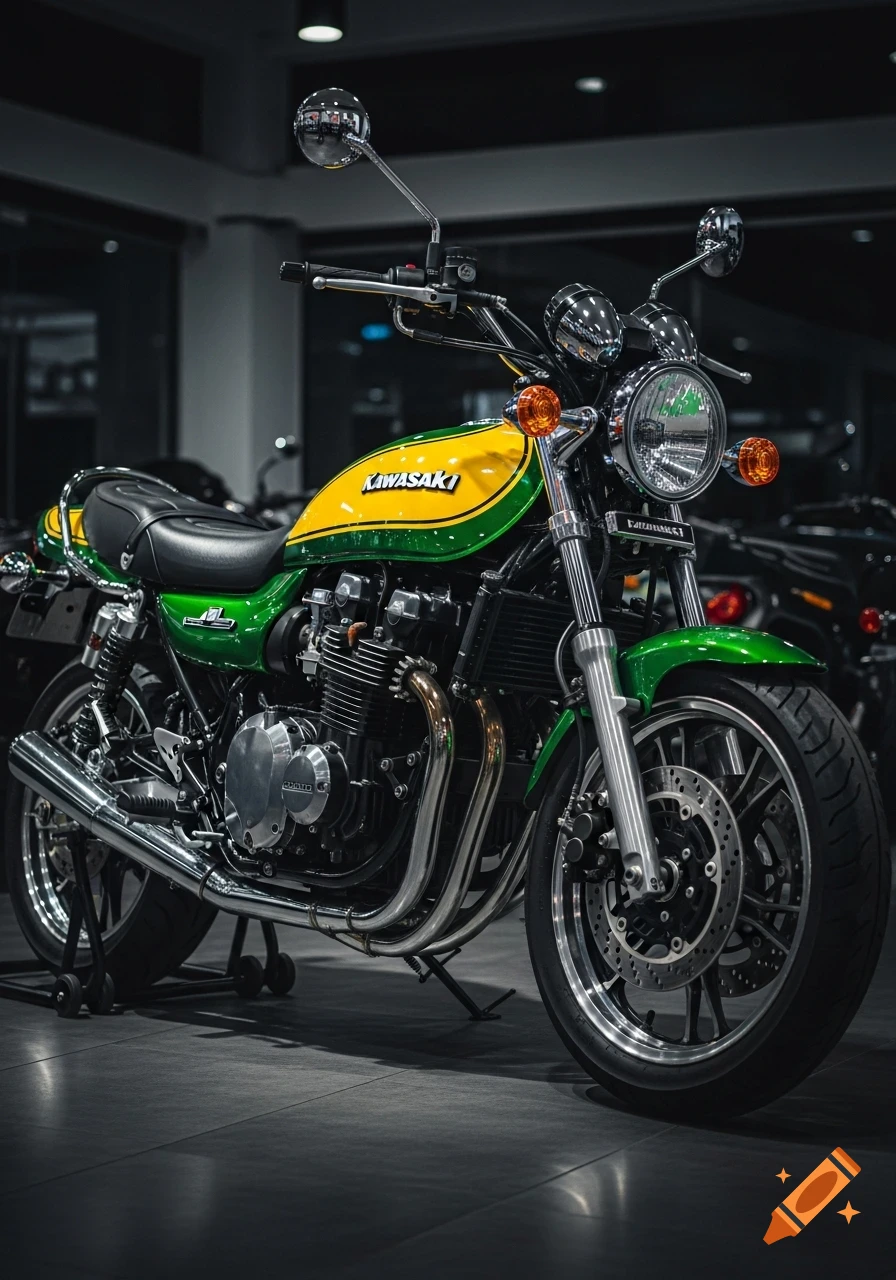 A detailed view of a yellow and green Kawasaki neo-retro motorcycle with chrome accents in a dimly lit showroom.