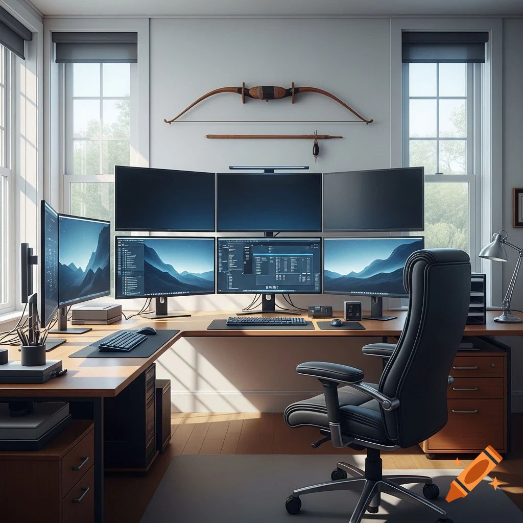A modern home office with an L-shaped desk, a multi-monitor setup, an ergonomic chair, and a bow mounted on the wall.