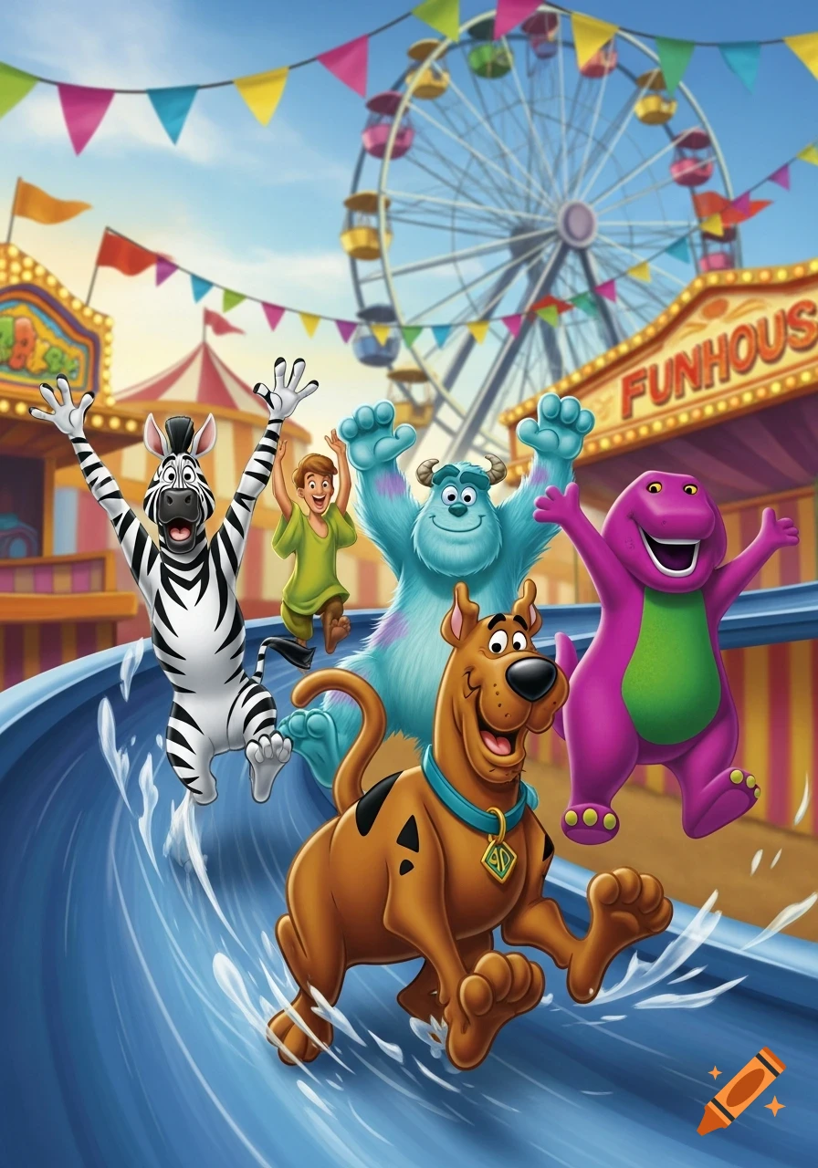 Scooby Doo, Marty the zebra, Shaggy, Sully, and Barney happily slide down a water slide at a fairground.