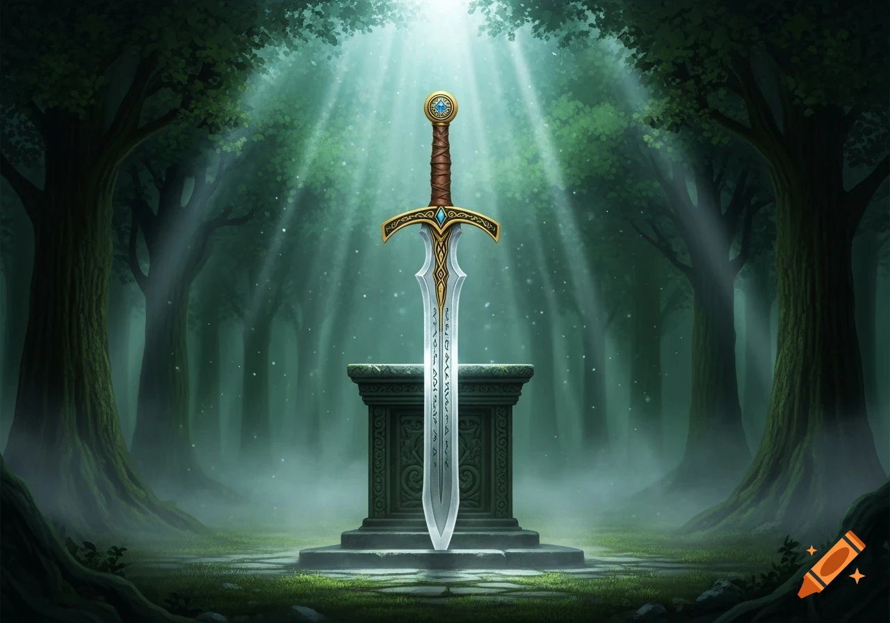 A mythical, ornate sword with a gold hilt stands embedded in a stone pedestal in a magical, misty forest with light rays shining through the canopy.
