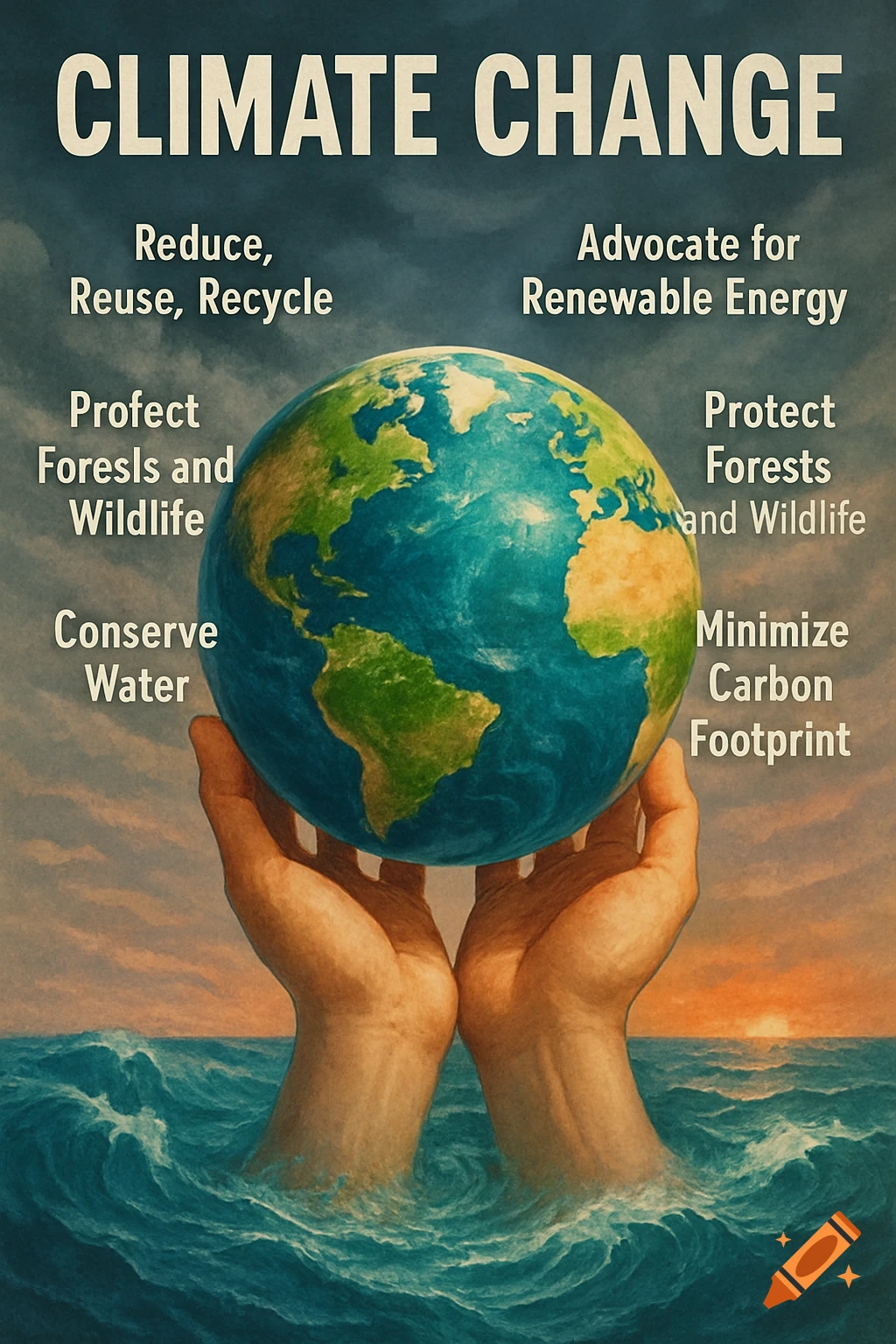 A climate change poster shows hands holding the Earth in a wavy ocean, with text about protecting the planet.