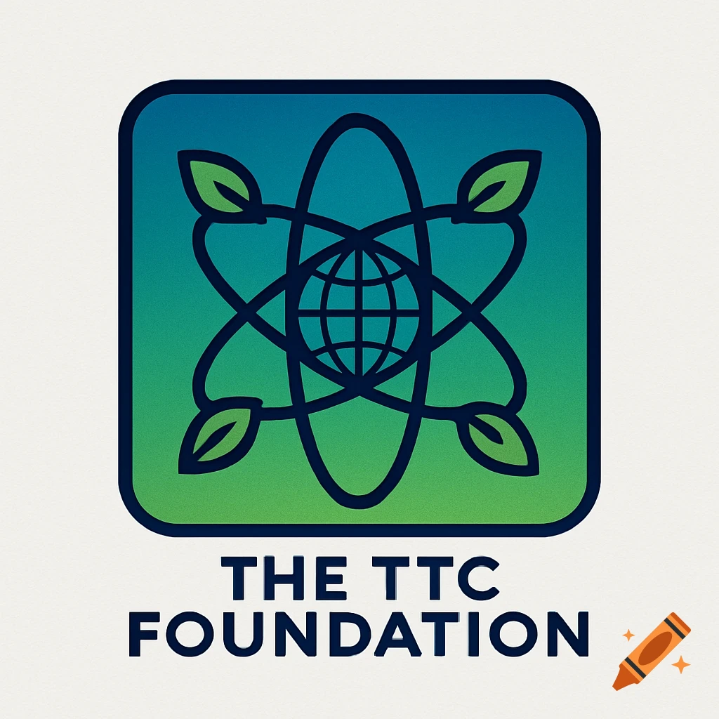 A gradient green and blue rounded square logo featuring a stylized globe at the center, surrounded by atomic orbits and four green leaves, with the text 'THE TTC FOUNDATION' below.