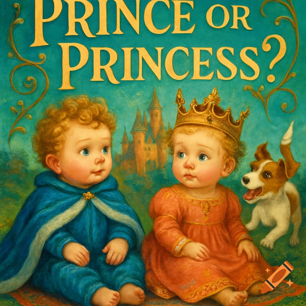 An illustration of two babies dressed as a prince and princess, sitting outdoors with a castle and a dog. Text reads 'PRINCE OR PRINCESS?'.