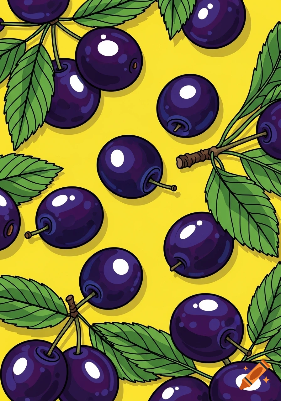 Vibrant pop art illustration of dark purple sloes with green leaves and branches on a bright yellow background.