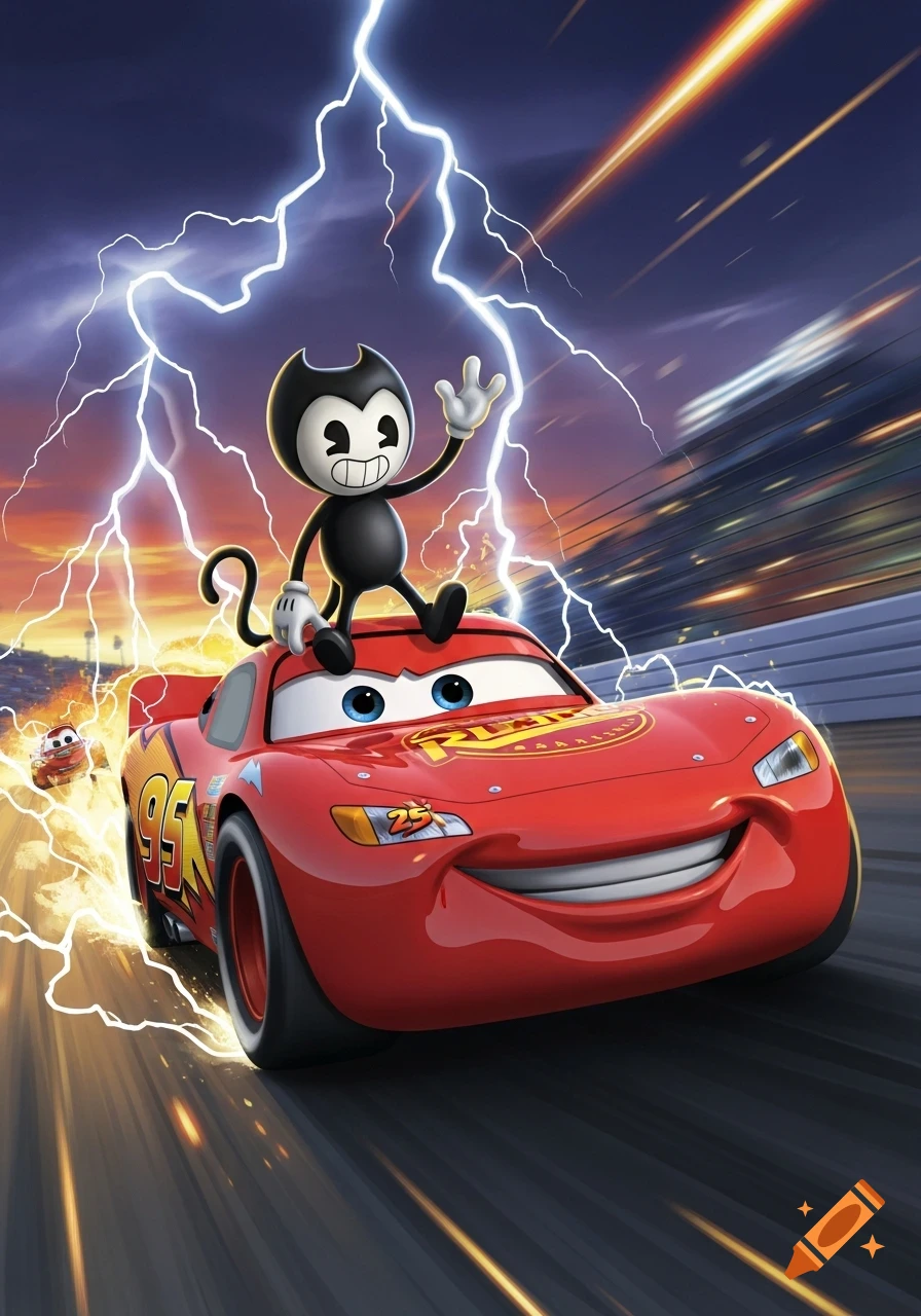 Bendy, a black and white cartoon demon, waves from atop Lightning McQueen as the red race car speeds under lightning.