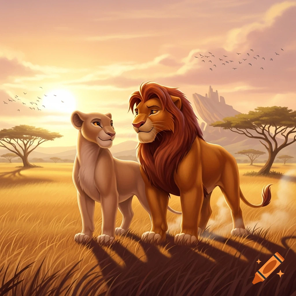 A cartoon male and female lion stand in a golden savanna field with acacia trees and distant mountains, under a sunset sky.