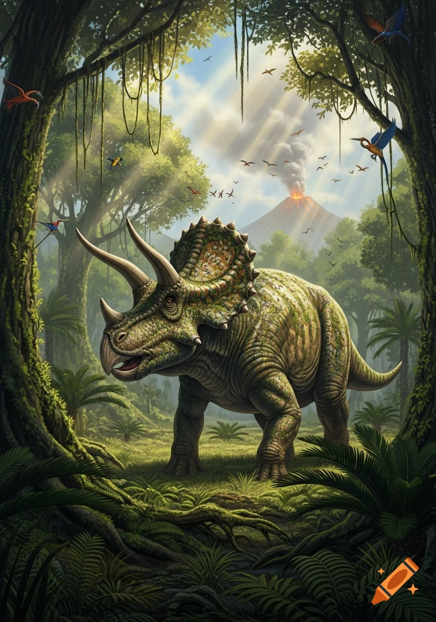 A large green Triceratops stands in a lush, vibrant jungle with a smoking volcano and flying birds under a bright sky.