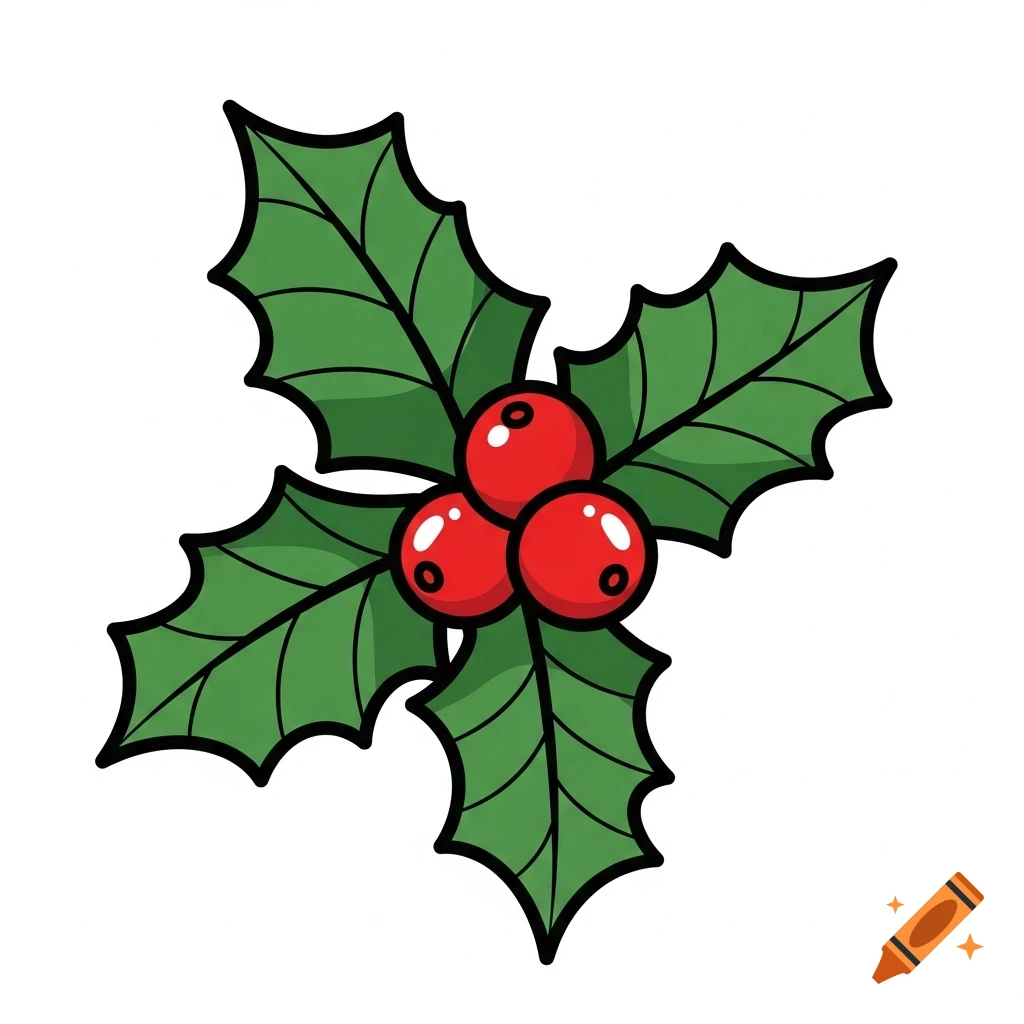 A simple clipart icon of green holly leaves with three red berries.