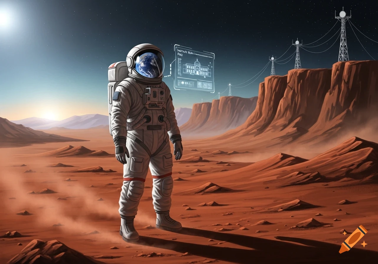 An astronaut stands on the red Martian landscape, viewing a holographic display with a building and Earth, with communication towers and cliffs in the background.