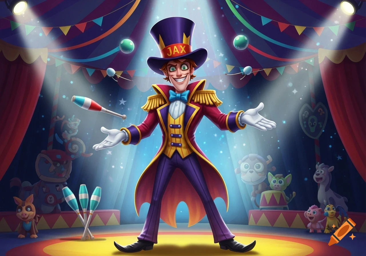 A cartoon ringmaster in a purple top hat with 'JAX' on it, red and gold suit, juggling in a spotlight inside a vibrant circus tent with cartoon animals.