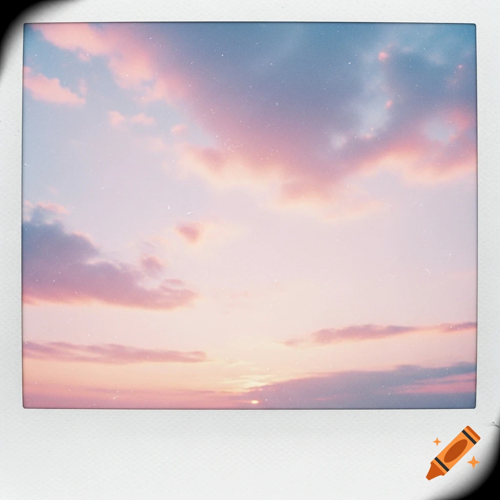 Faded polaroid photo of a pastel pink and blue sky with clouds, with the sun low on the horizon.