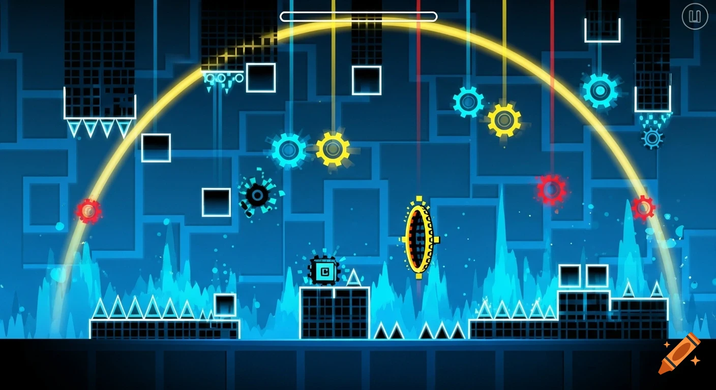 A vibrant, neon-lit digital art scene depicting a Geometry Dash style level with an arc, gears, and various obstacles.