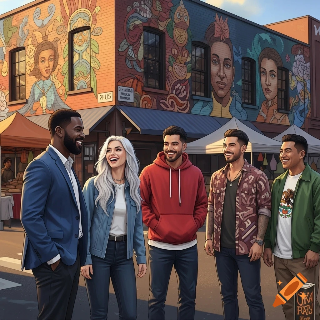 Five diverse people smiling on a city street in front of a colorful building mural and market stalls.