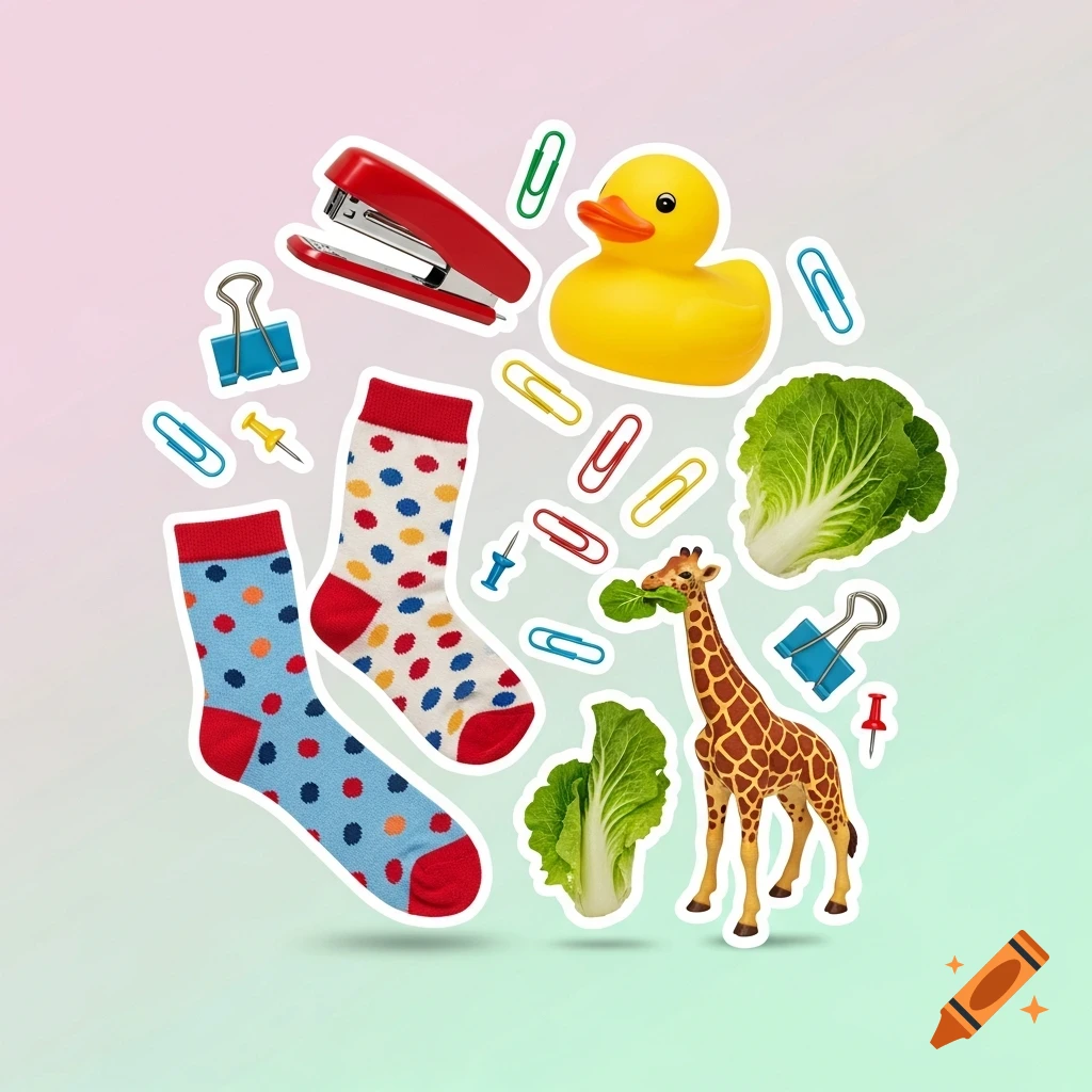 Collage of everyday items: red stapler, yellow rubber duck, colorful polka-dot socks, green lettuce, giraffe eating lettuce, paper clips, and pushpins on a gradient background.
