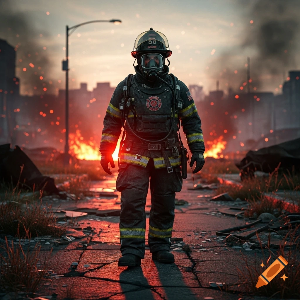 A firefighter in full gear and gas mask stands on a cracked street amid a burning, ruined city with smoke and embers at sunset.