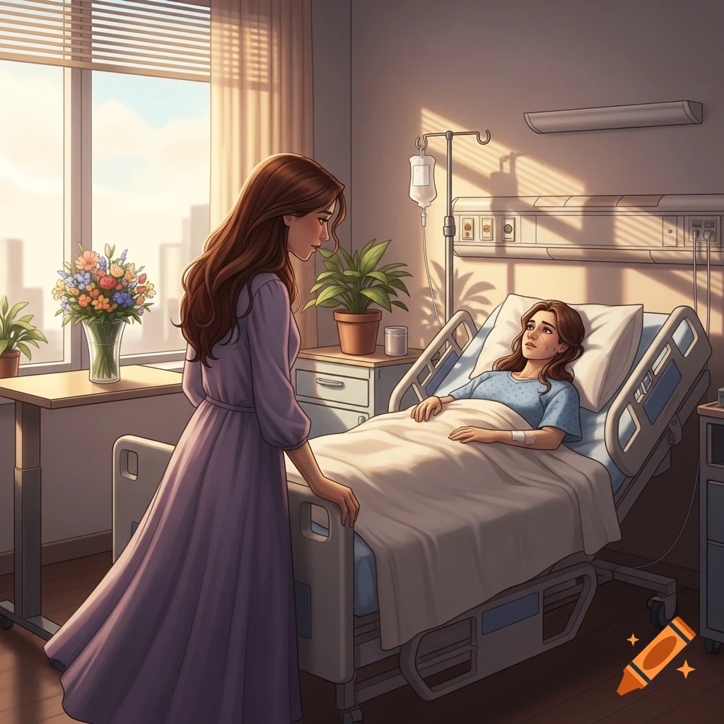 An illustration depicts one woman standing beside a hospital bed where another woman lies, sunlight streaming through a window.