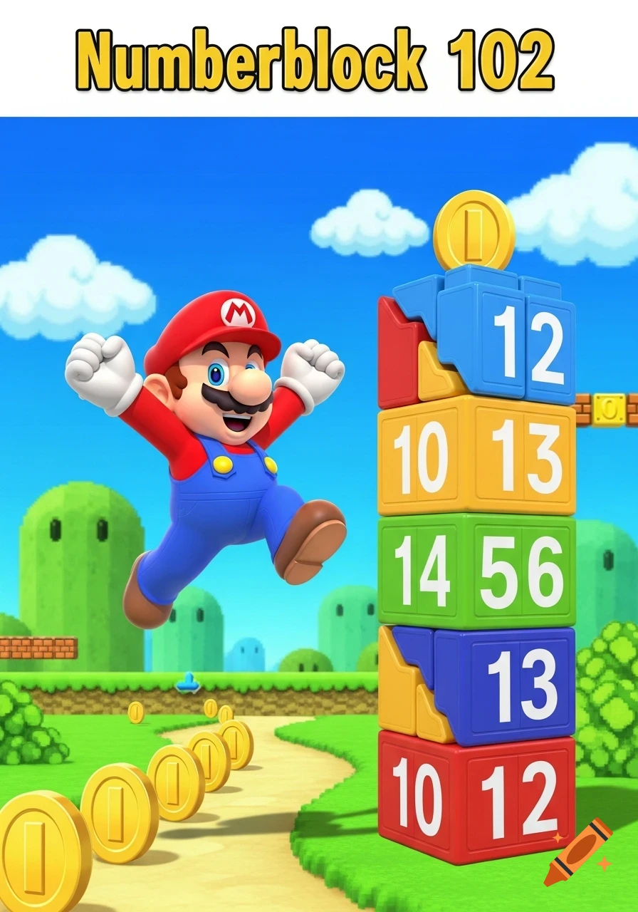 Mario jumps in a vibrant Super Mario Bros. world alongside colorful Numberblocks with visible numbers and a gold coin, under the text "Numberblock 102".