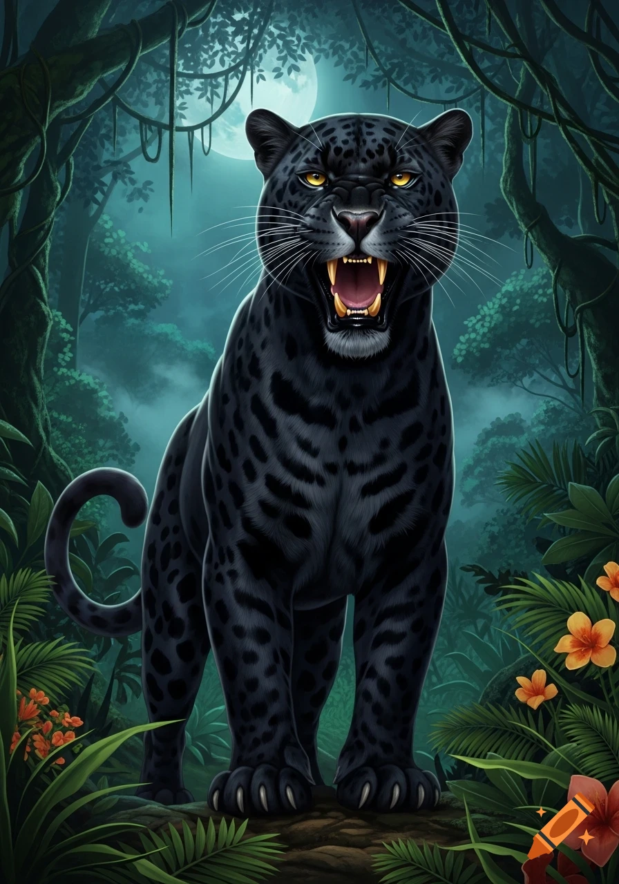 A snarling black panther with gold teeth in a lush, dark jungle under a full moon, depicted in a stylized illustration.
