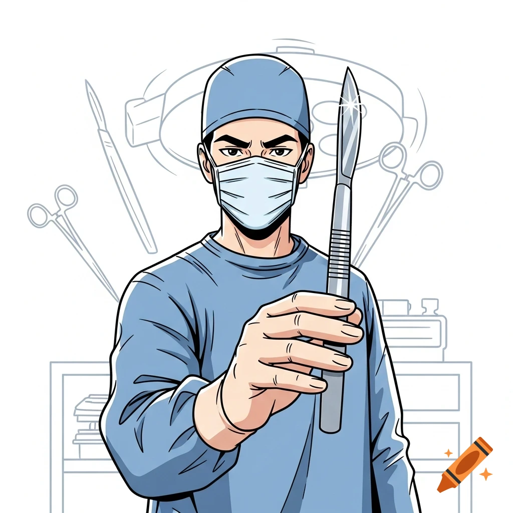 A male surgeon in blue scrubs and mask holds a scalpel, depicted in a minimalist comic style with faint surgical tools in the background.
