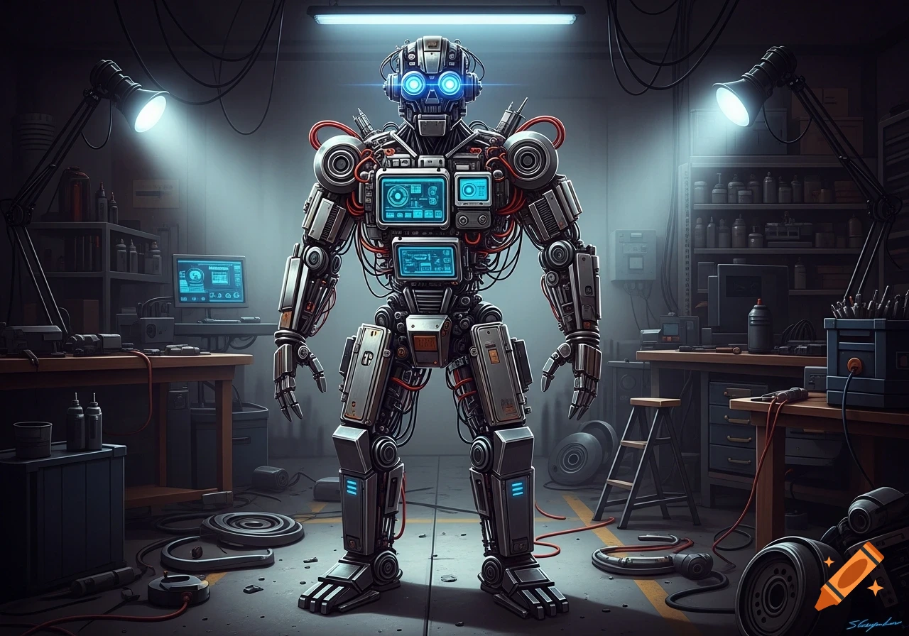 A detailed, imposing robot with glowing blue eyes and chest screens stands in a cluttered, dimly lit workshop under bright lights.