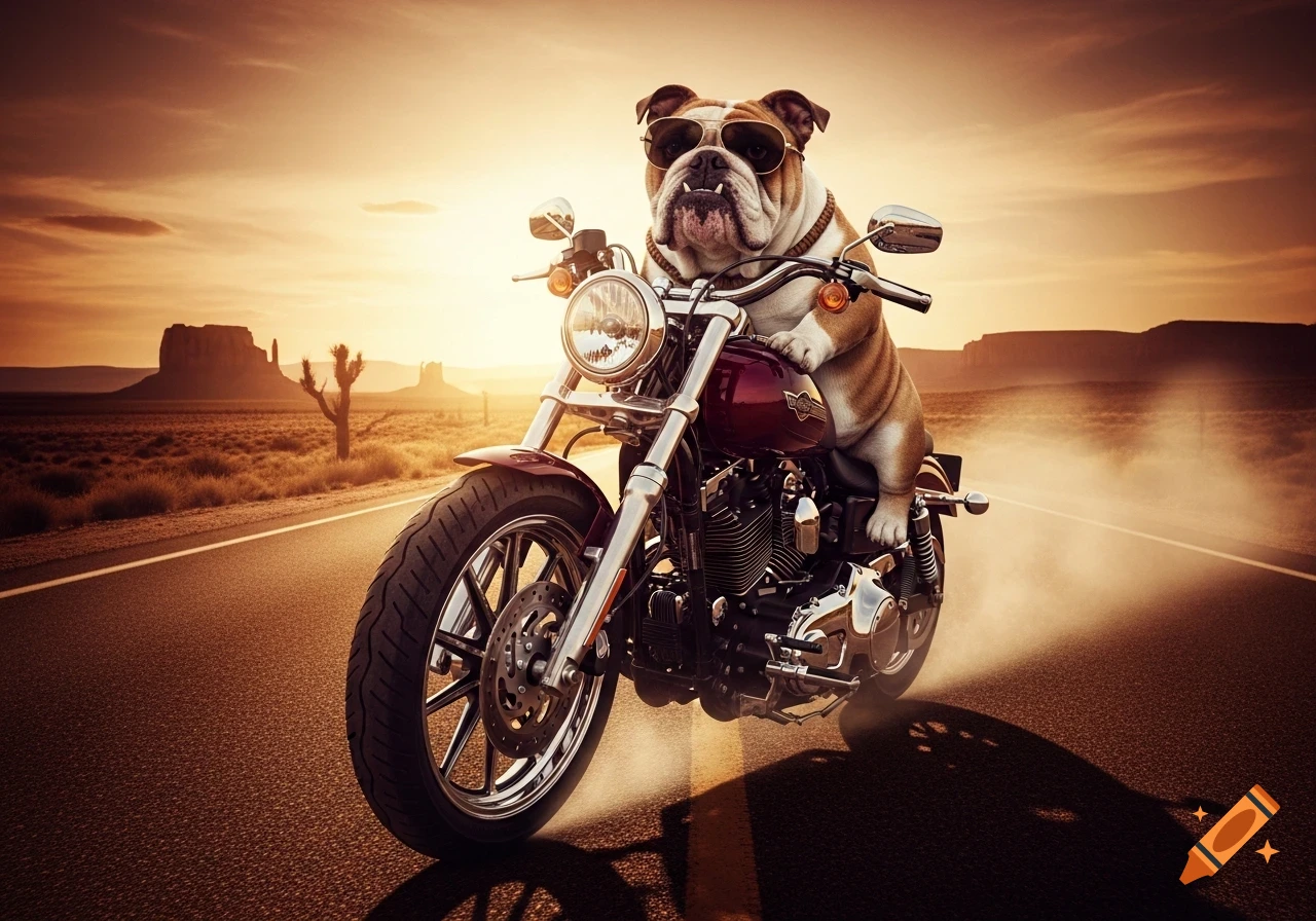 Photorealistic bulldog in sunglasses riding a red motorcycle on a desert road at sunset.