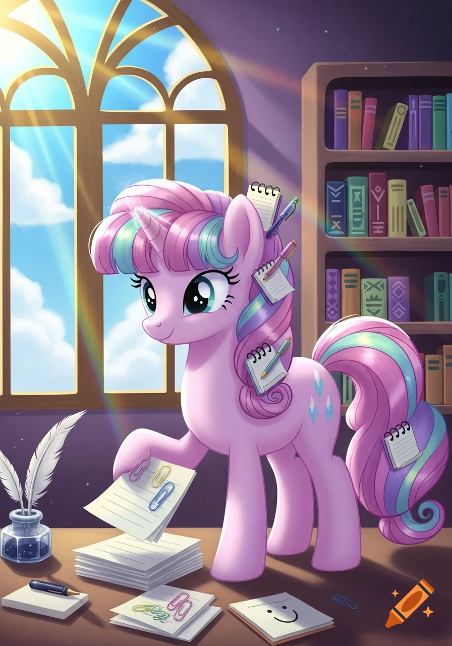 A cute pink unicorn pony with a striped mane and tail stands at a desk, holding papers with paperclips in a sunlit room with a window and bookshelf.