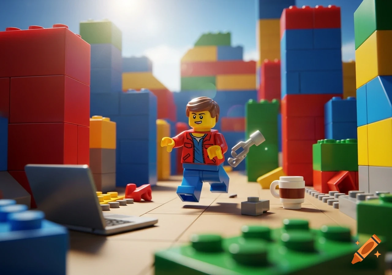 A Lego minifigure wearing a red jacket and blue pants runs through a bright, colorful city made of oversized Lego bricks.