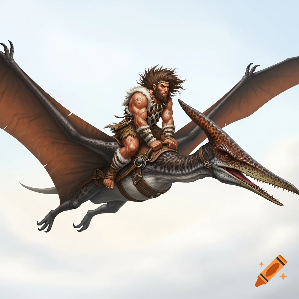 A muscular, shaggy-haired caveman rides a large brown and grey pterodactyl through a light sky, in a detailed illustration.
