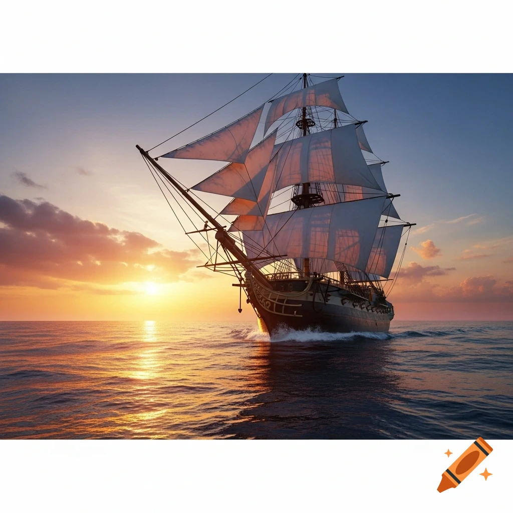 A large sailing ship with multiple white sails cuts through ocean waves at sunset, casting a golden glow on the water.