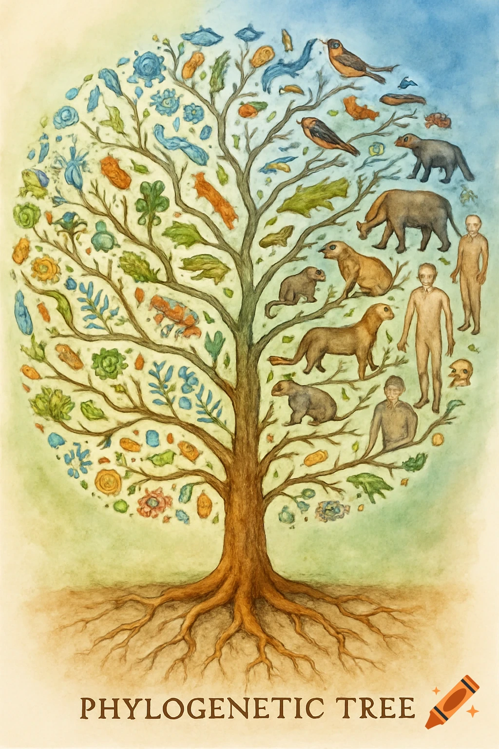 Watercolor illustration of a phylogenetic tree depicting diverse life forms, from plants to stylized humans.