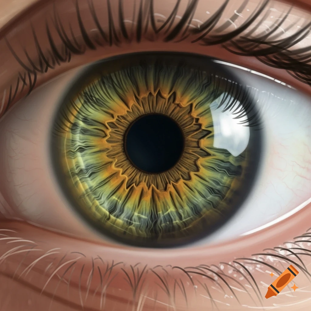 A detailed close-up of a human eye with a green and gold iris, black pupil, and visible eyelashes.