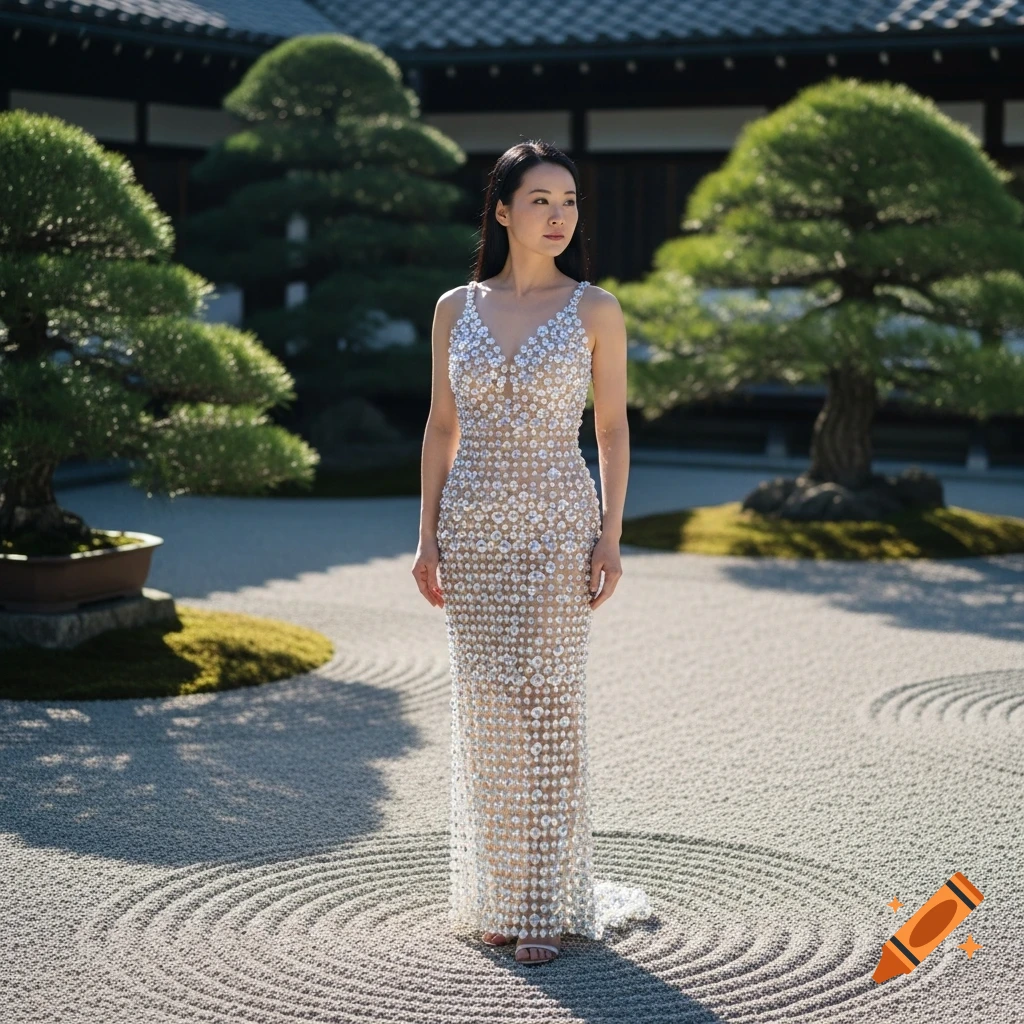 A Japanese woman in a shimmering crystal-studded dress stands in a raked zen garden with bonsai trees.