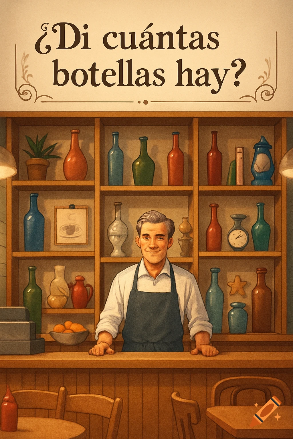 A stylized illustration of a smiling man in an apron behind a cafe counter, with shelves full of bottles. Text asks, 'How many bottles are there?'