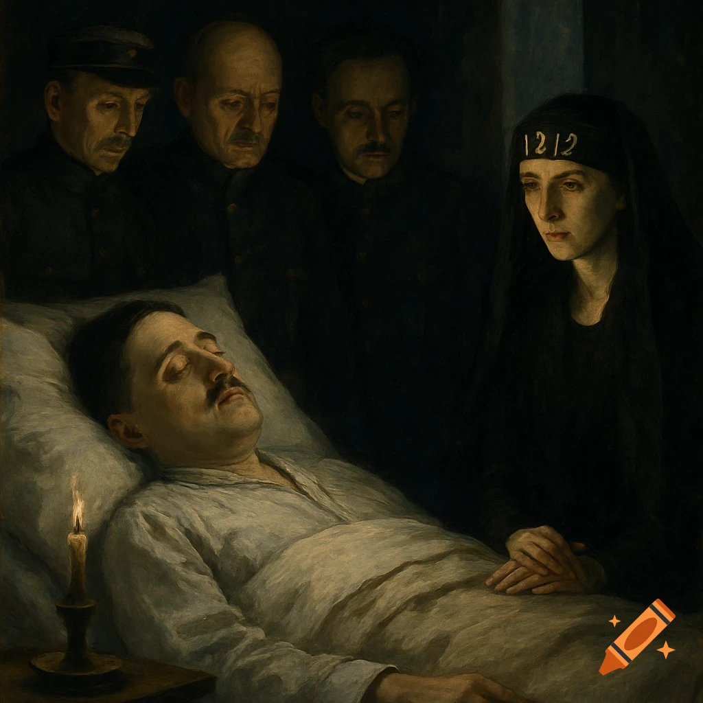 A somber painting of a man lying in bed, possibly ill or deceased, surrounded by three men and a woman with a black headband bearing the numbers "1212".