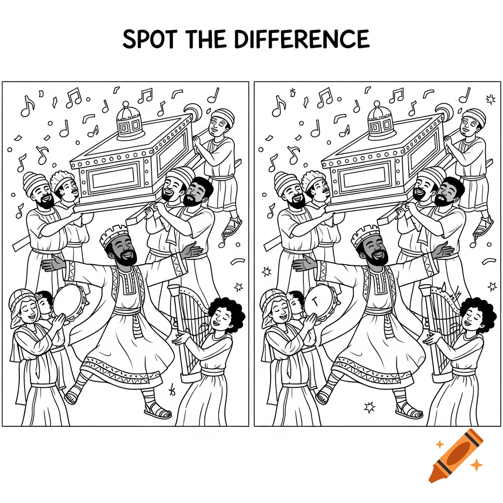 A black-and-white line art coloring page depicting a 'spot the difference' activity. Two identical scenes show King David dancing joyfully in front of the Ark of the Covenant, which is being carried by men. Women play musical instruments around them, with musical notes floating in the air. Subtle differences are present between the two scenes.