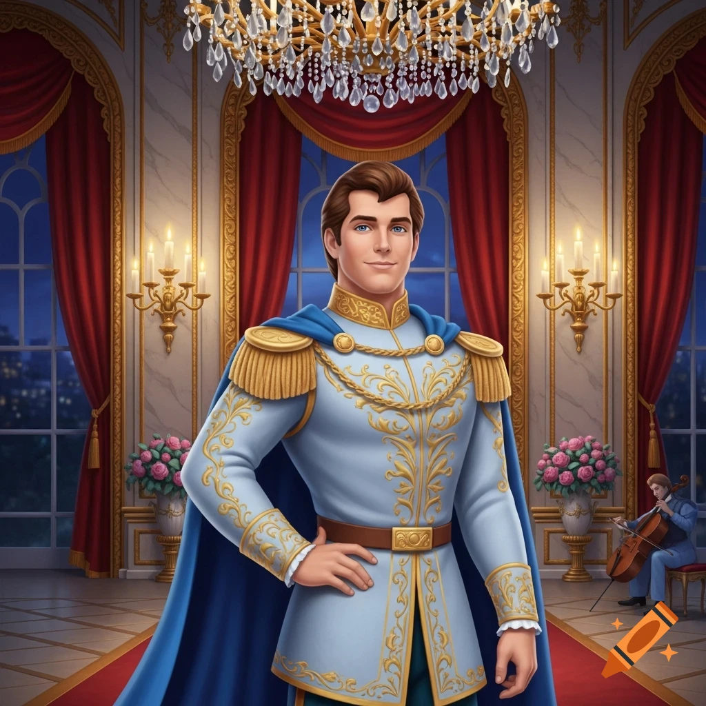 An illustrated Prince Charming in a blue and gold uniform stands in a grand ballroom with a chandelier and red curtains, a cellist in the background.