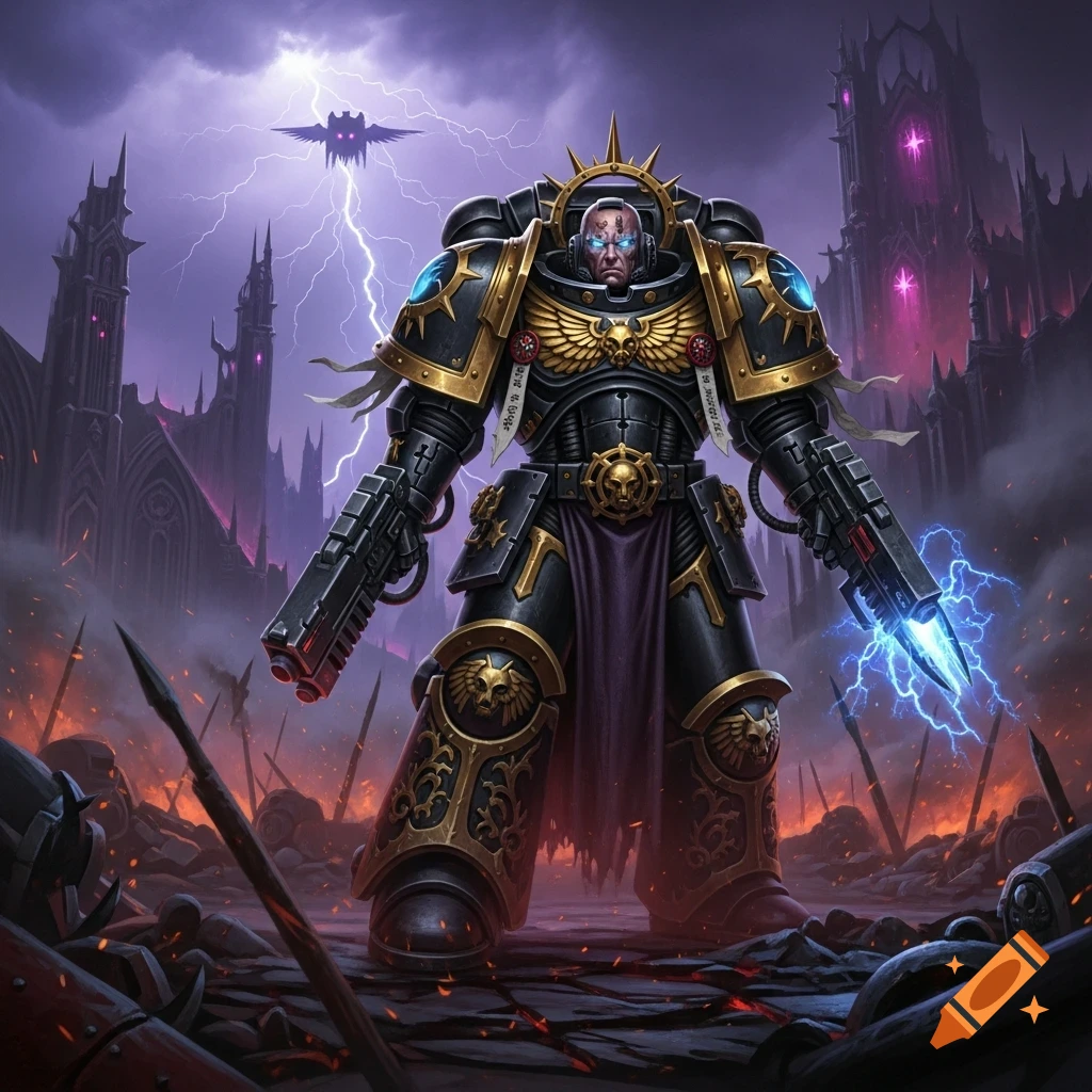 A heavily armored warrior in black and gold power armor stands amidst a battlefield, wielding energy weapons under a stormy sky with lightning and dark gothic structures.