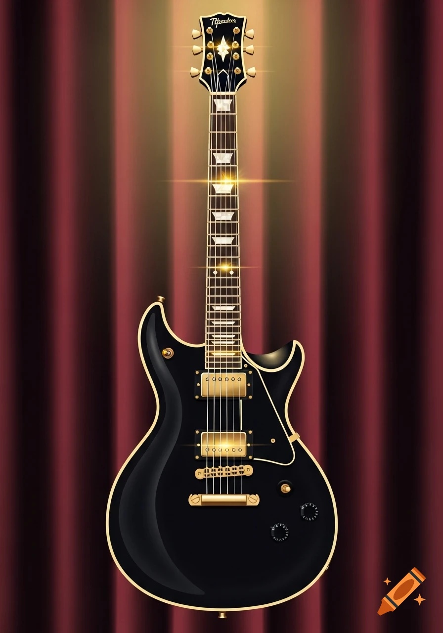 A sleek black electric guitar with golden hardware and inlays stands vertically against a dark red curtain background.
