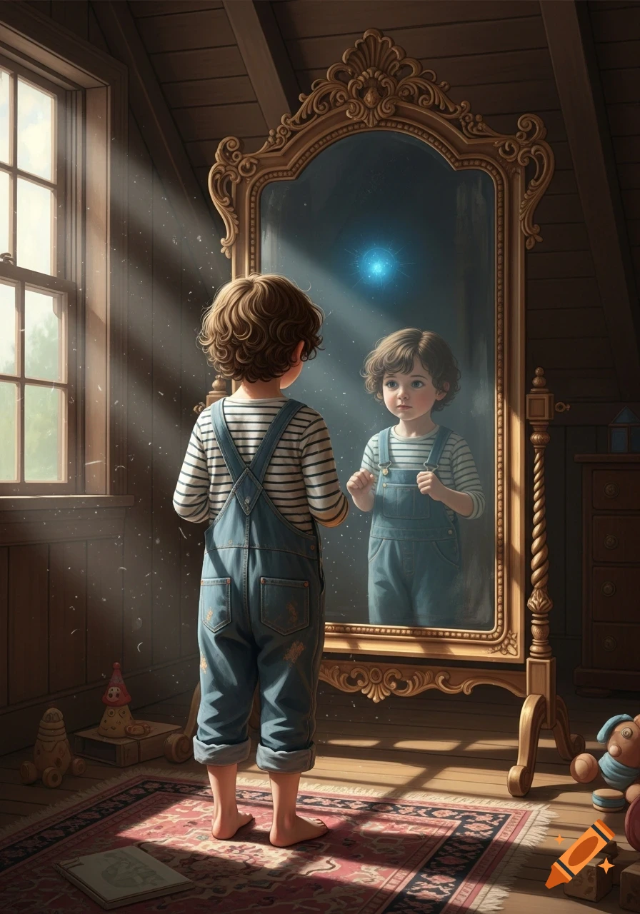 A child in overalls looks into an ornate mirror reflecting their face and a glowing blue orb in a sunlit room, digital illustration.