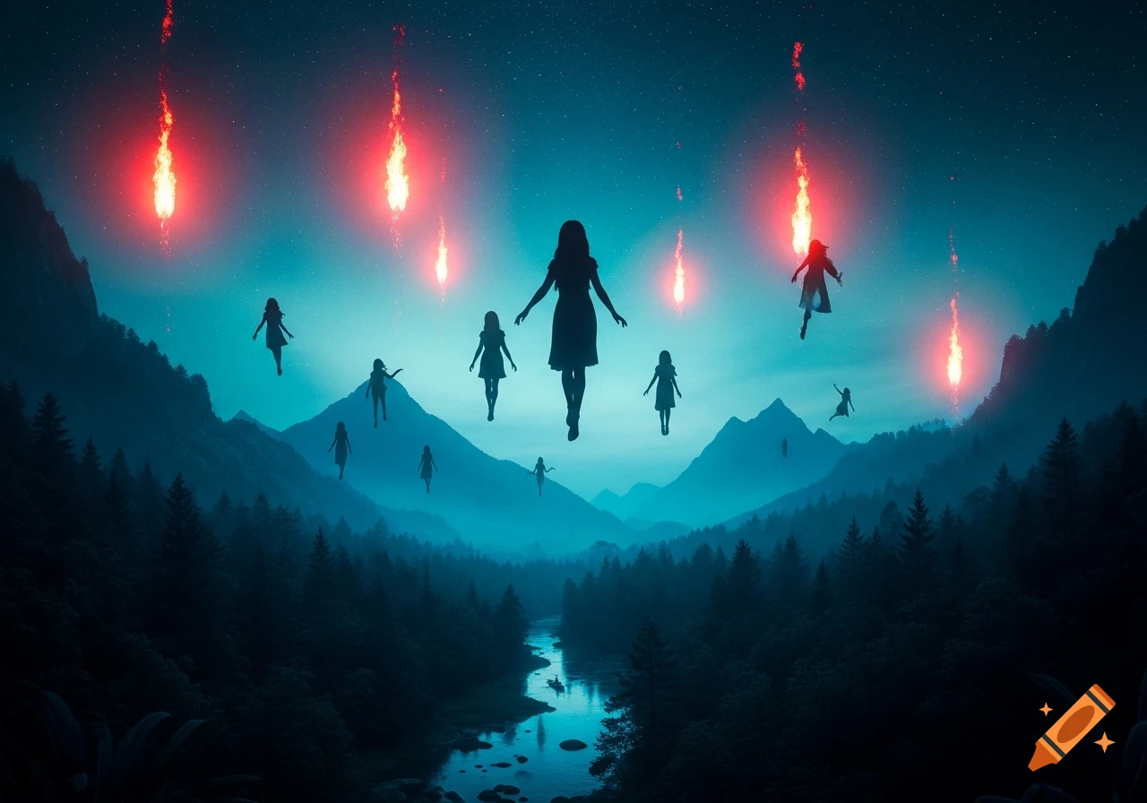 Floating female silhouettes under a starry, deep blue sky with red glowing streaks, above a turquoise misty mountain landscape with a forest and river.