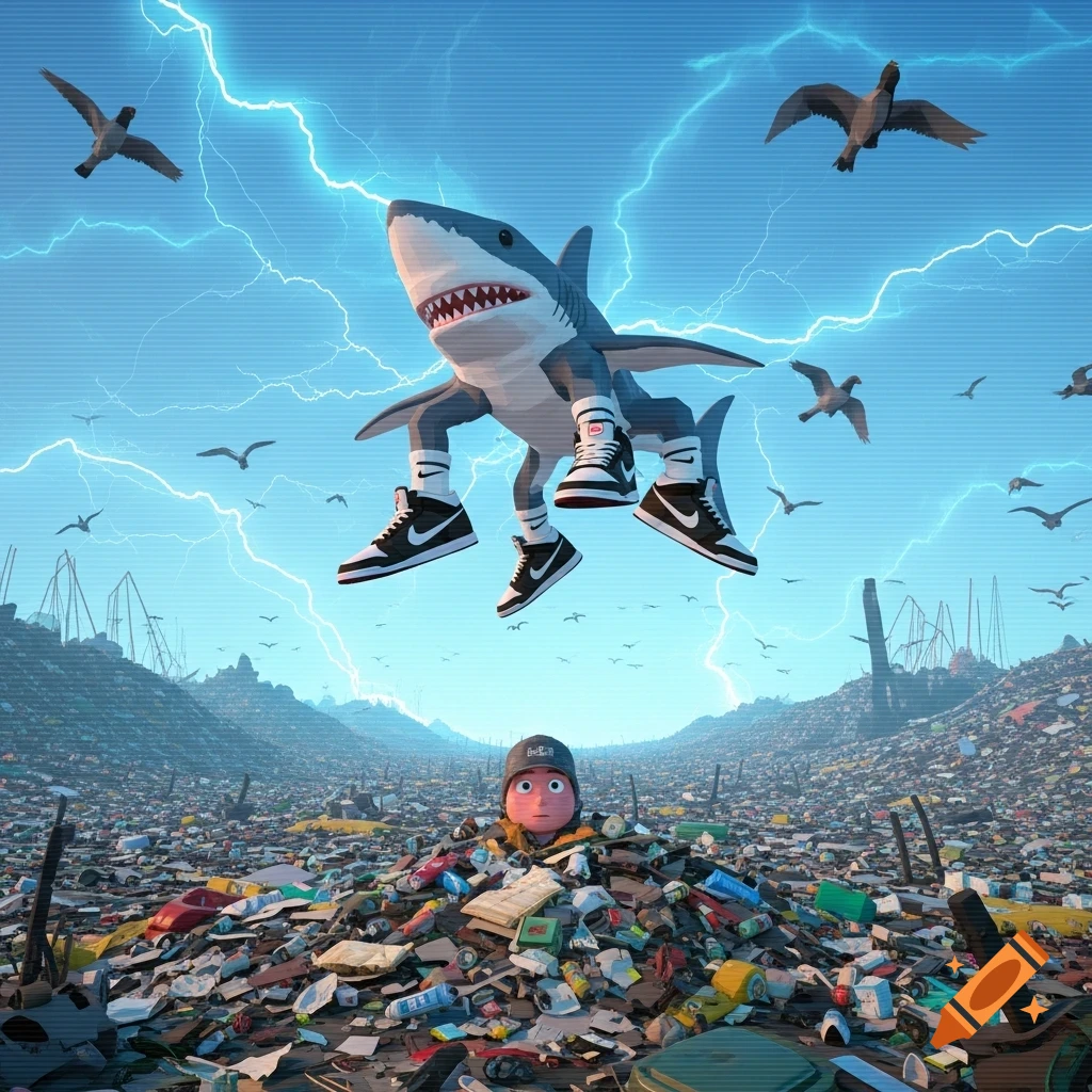 A surreal digital art image of a shark with four legs wearing Nike shoes, floating in a lightning-filled sky above a person buried in a vast trash landscape.