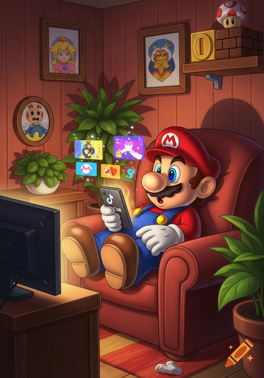 Cartoon Mario sits in an armchair, looking at his phone with the TikTok logo, in a cozy room with Nintendo decor.