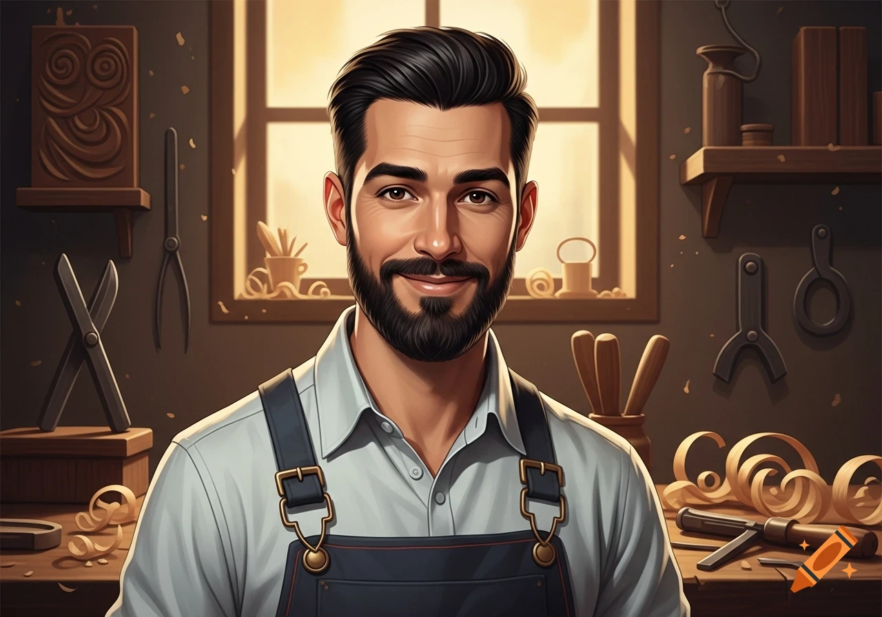 Smiling man with a beard and dark hair in a woodworking apron, surrounded by tools and wood shavings in an illustrative style.
