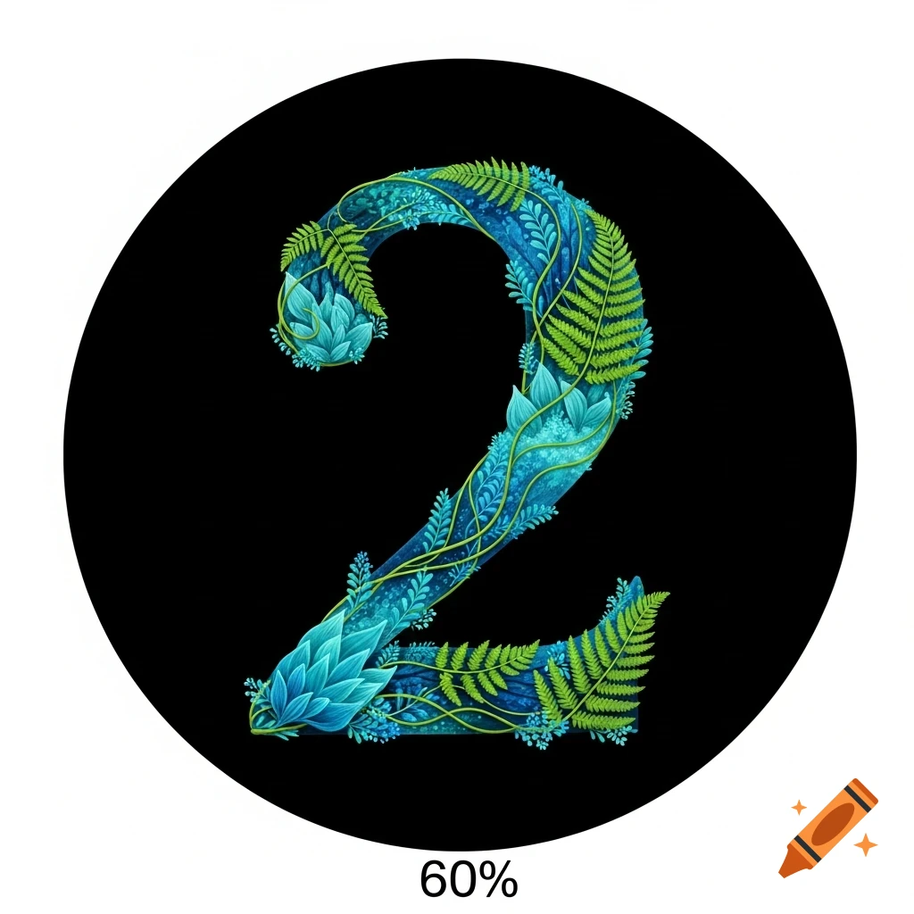 A stylized number 2, formed by blue and green intertwined leaves and ferns, centered on a black circular background.